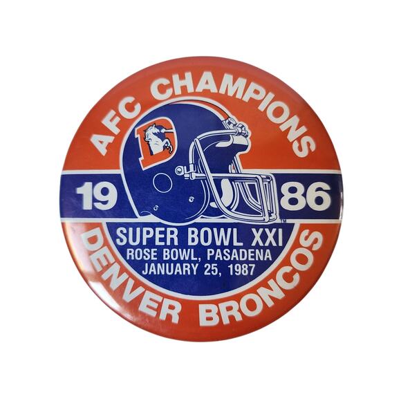 Vintage 1986 Denver Broncos Super Bowl XXI AFC Champions Pin Back Button USA - Picture 1 of 2